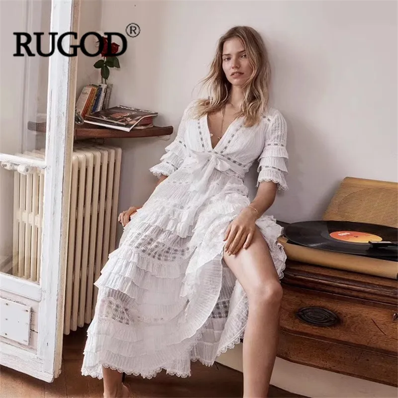RUGOD, новинка, белое кружевное платье, женское, элегантное, сексуальное, с вырезом, с поясом, Платья для вечеринок, повседневное, с оборками, длинное, макси платье, vestidos mujer