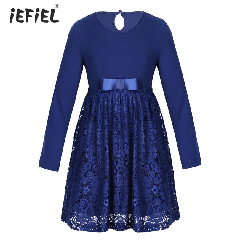 Kids Girls Lace Long Sleeves Flower Girl Dress with Bowknot for Birthday Party Autumn High-waist Beautiful Casual SZ 3-12 | Детская