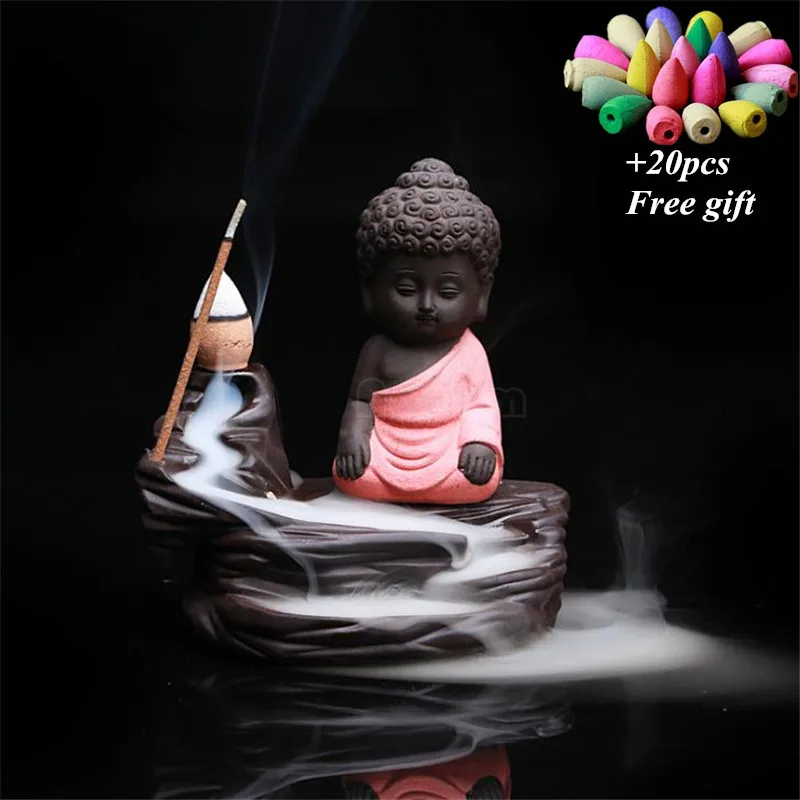 Buddha Red Керамическая горелка для благовоний с обратным потоком, подставка для ароматических палочек, домашний декор, ароматерапия, курильница Будды+ 20 штук, бесплатные конусы для благовоний - Цвет: Buddha Red