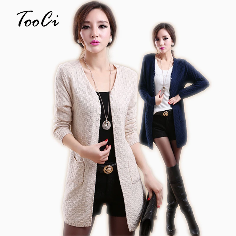

New Spring Women Beige Cardigan Casual Long Sleeve Knitted Cardigans Ladies Sweaters Fashion Long Cardigan Coat With Pockets