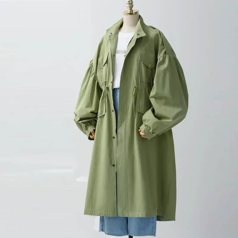 Green Женский Длинный плащ, осень, на шнуровке, талия, рукав-фонарик, карман, пальто для женщин, одноцветное, элегантное пальто для женщин размера плюс - Цвет: Green
