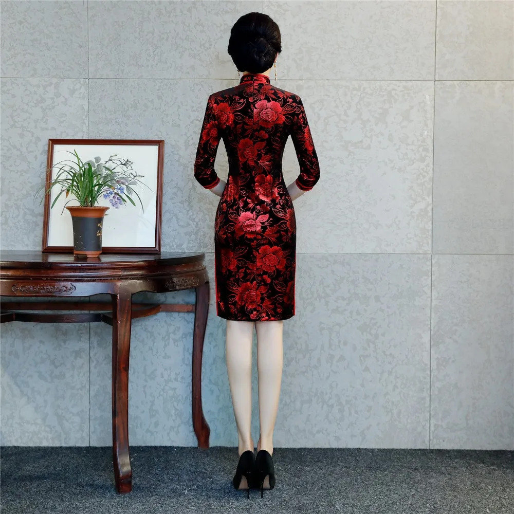 Китайское традиционное красное бархатное платье Ципао до колена с рукавом 3/4 в
