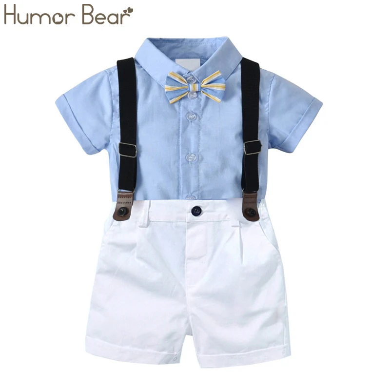 Небесно-голубой Humor Bear/комплект одежды для маленьких мальчиков, деловой летний костюм с бантом в британском стиле для малышей синяя рубашка Топ+ штаны на подтяжках - Цвет: Небесно-голубой