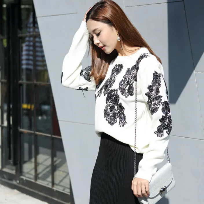 Cakucool New Women sequined Long Sleeve Sweaters O-neck Thick Jumper Shiny Embellish Beading Embroid Knit Pullover Sweater Lady | Женская
