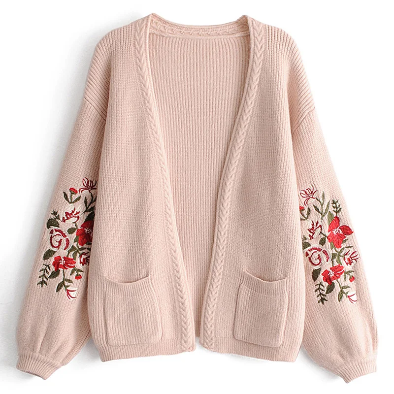NYMPH New Fashion 2017 Autumn Outerwear Women Long Sleeve Floral Embroidery Pockets Cardigan Casual Knitted Sweater Plus Size |