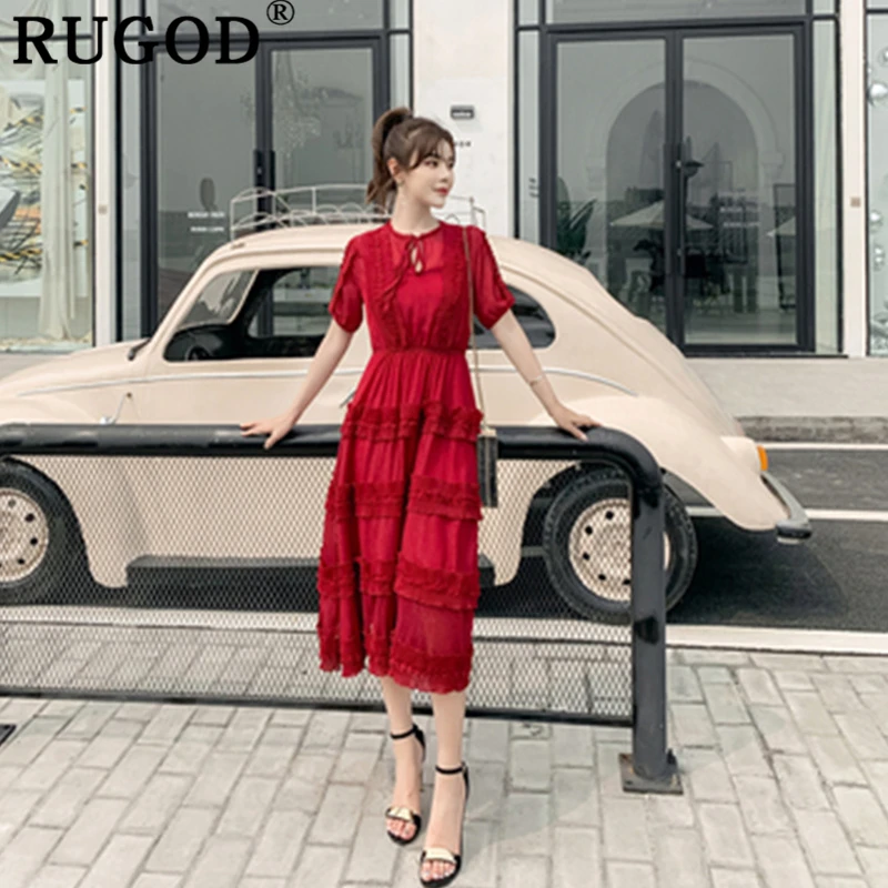 RUGOD Элегантное летнее женское платье с кружевной каймой и высокой талией
