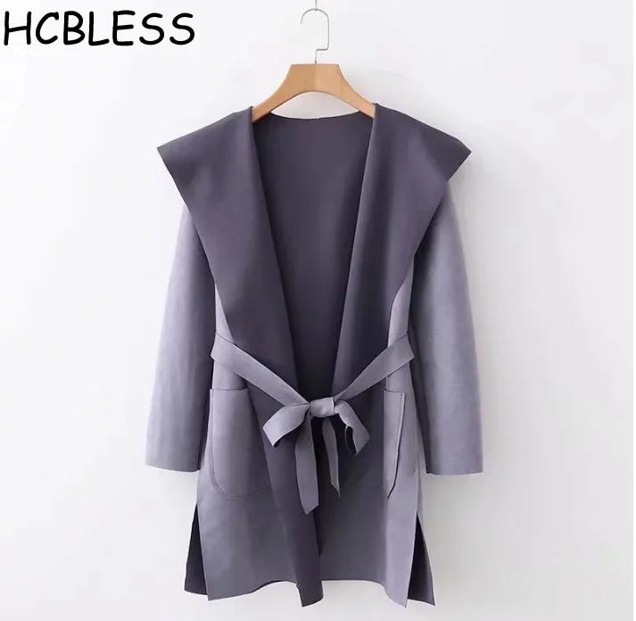 

Осень 2018, новое уличное серое замшевое пальто HCBLESS с капюшоном, Женское пальто