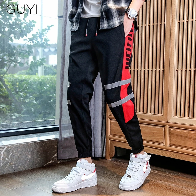 GUYI Sport Pants Men Full Length Drawstring Joggers Male Boy Fashion Casual Streetwear Trousers Print Side Stripe Black Letter | Мужская