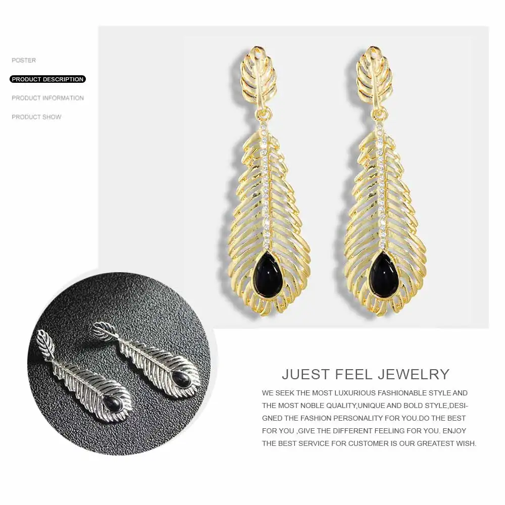 JUST FEEL Boho Leaf Drop Earrings with Black Crystal Inlay - Long Dangle Earrings for Women - Fine Jewelry Gift image 4