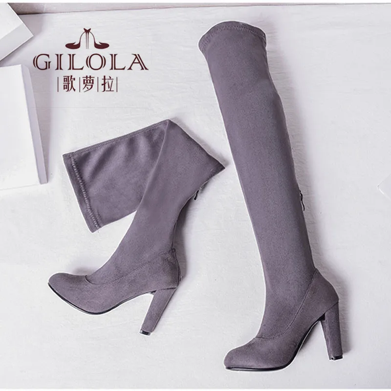 GILOLA/женские зимние сапоги выше колена из искусственной замши на высоком каблуке 9