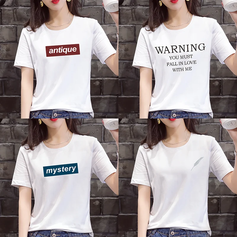 

White Cotton Short Sleeve T-shirt Ladies'Loose New Summer Black Top in 2021