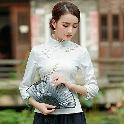 white qipao top Sheng Coco, темно-синие рубашки, китайская винтажная одежда, топы Ципао с вышивкой и кружевом, льняные рубашки Cheongsam, китайский костюм - Цвет: white qipao top