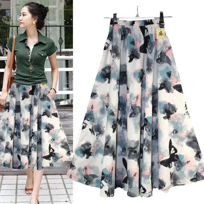 Летняя Повседневная Длинная женская юбка с принтом длинная хлопковая и льняная