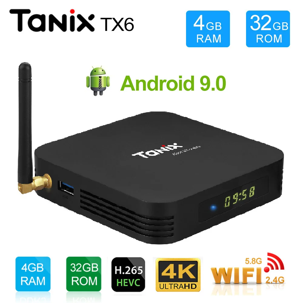 Tanix TX6 Android 9 0 Smart ТВ Box Allwinner H6 4 GB 32 Поддержка 6 K H.265 2 4G/5 ГГц Wi Fi BT4.2 Netflix Google Play
