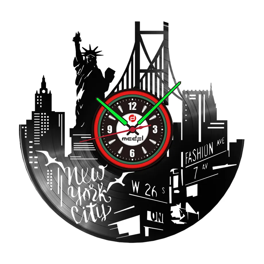 Большие часы для дома в Нью Йорке виниловые настенные с записью виде статуи