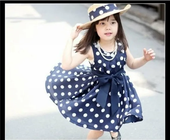 free shipping wholesale price dot bow sleeveless summer baby girl princess dresses 3~8age navy/white children clothing | Детская одежда