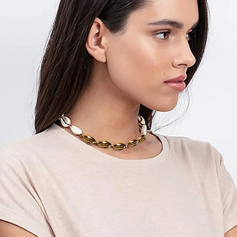 BRIGHT MOON Boho Natural Gold Shell Choker Necklace Adjustable Cowrie Seashell Handmade Rope Cord Beach Jewelry for Summer | Украшения и