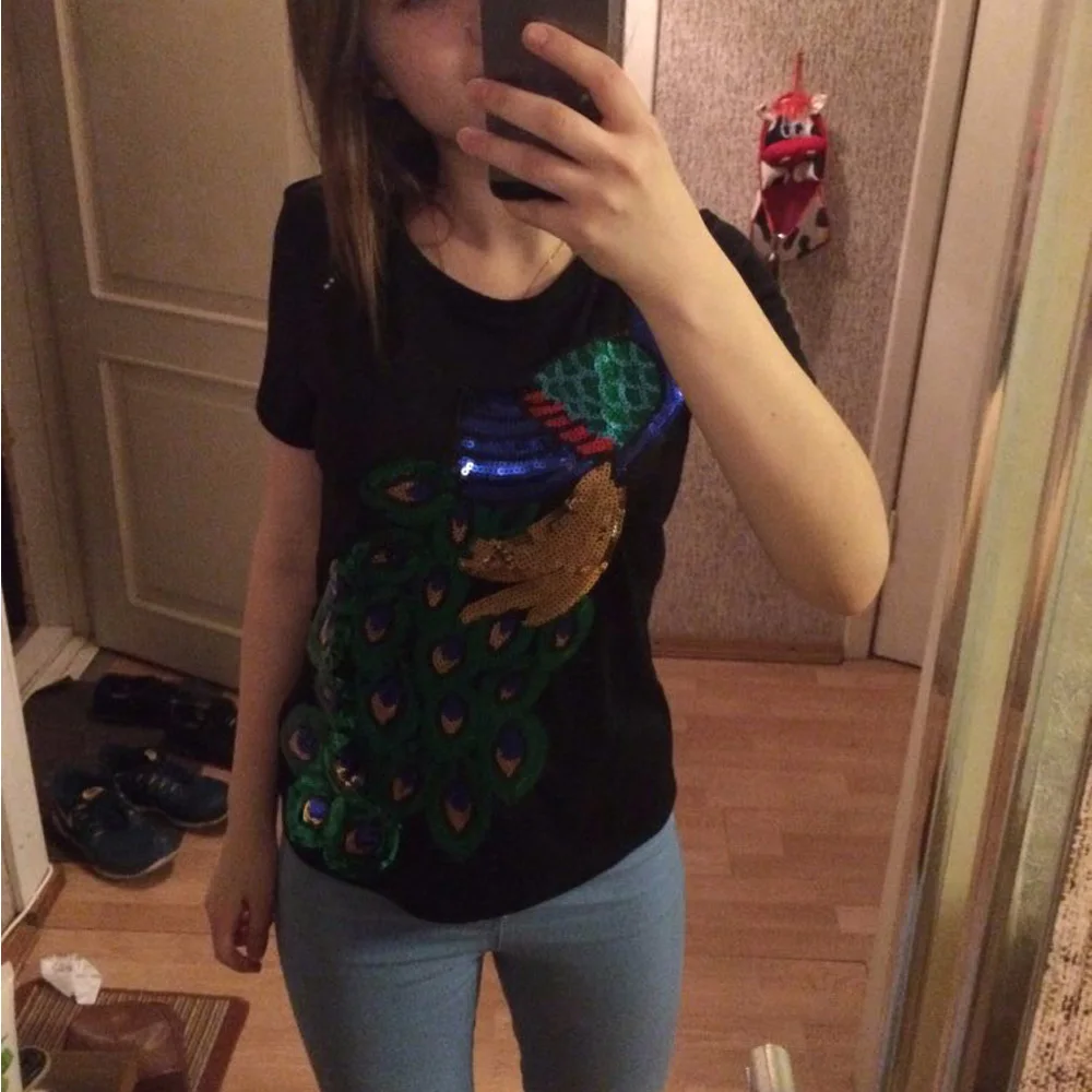 Женская футболка с блестками расшитая павлином новинка 2018|t-shirt women|fashion t shirt woment
