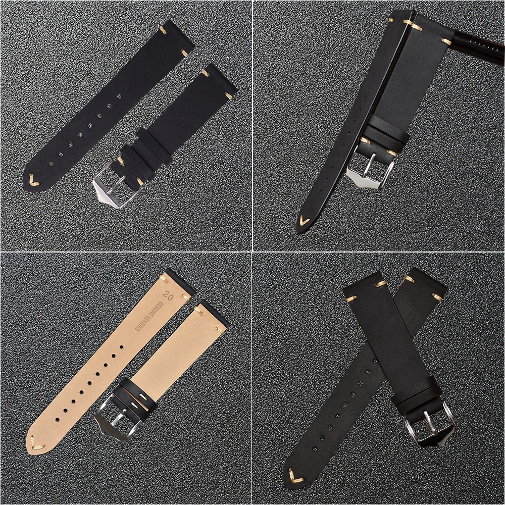 BEAFIRY Genuine Leather Watch Band 18mm 19mm 20mm 22mm Brown Blue Green Grey Black Crazy Horse Calfskin Leather Watch Straps