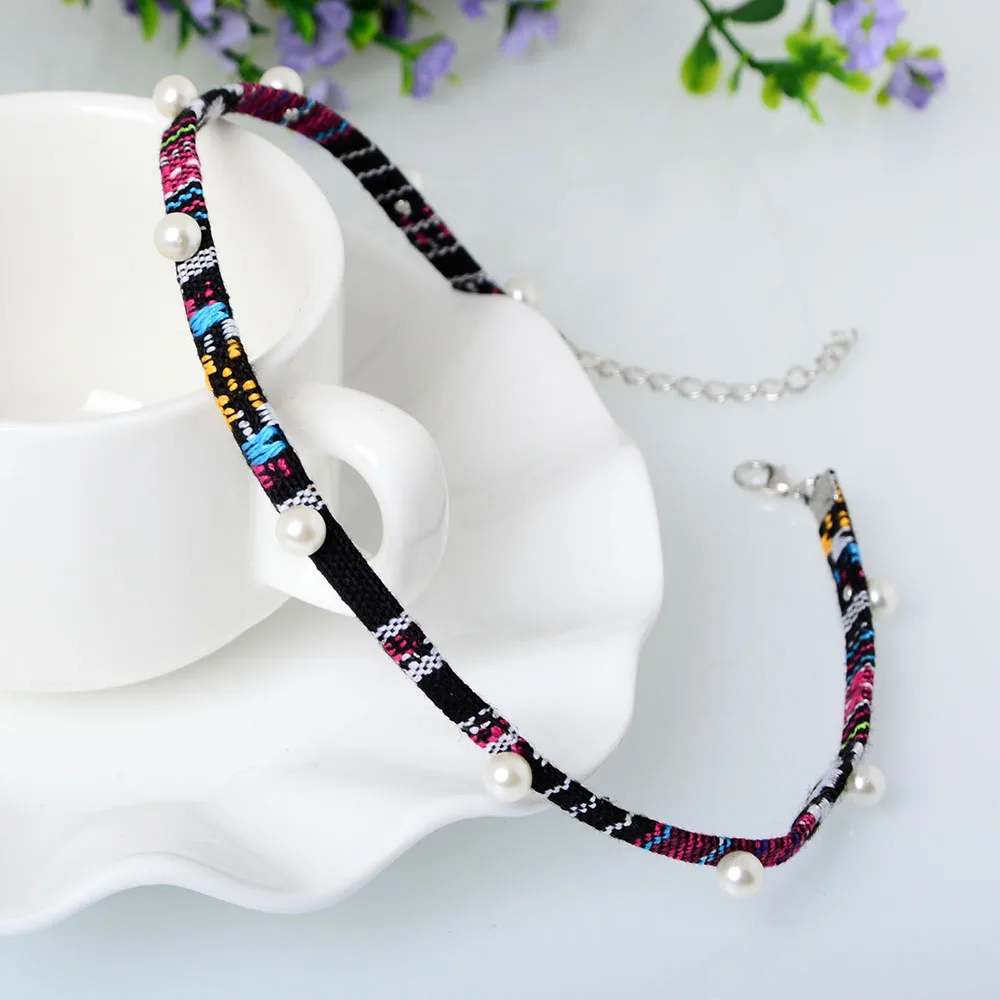 Модные Разноцветные богемные короткие чокеры ожерелье тканевая веревка цепочка
