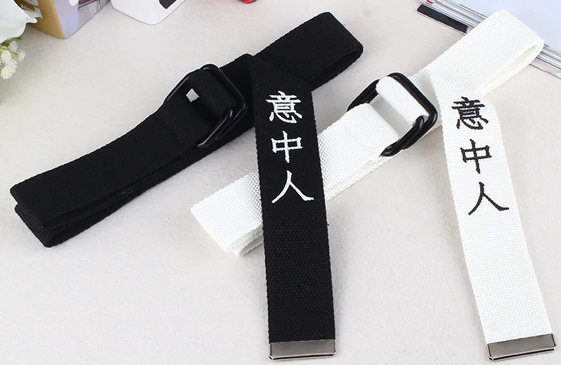 Black White Canvas Belt For Men Women Jeans Chinese Characters Personality Double Ring Buckle Belt Casual white Waistband Z3