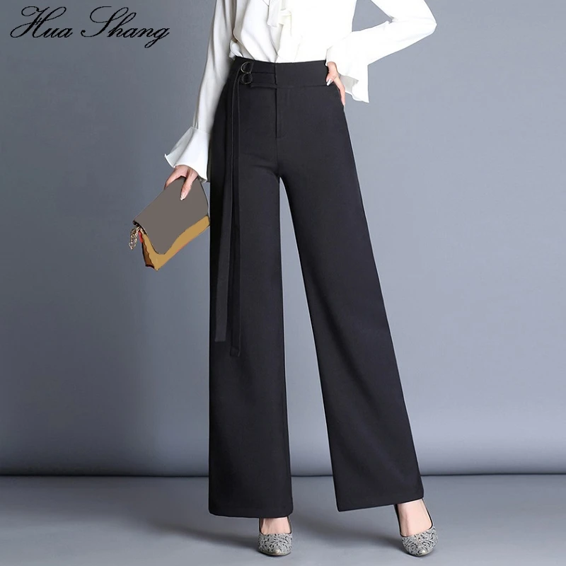 Hua Shang Elegant Women Autumn High Waist Wide Leg Pants With Belt Female Bell Bottom Lady Work Office Trousers Plus Size | Женская