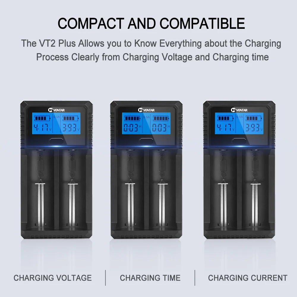 VONTAR VT2 плюс 2 слота Smart USB Батарея Зарядное устройство для Лев Ni-Cd AAA 1,2 V 3,7 V 14500/18350/18650/22650 литиевая батарея