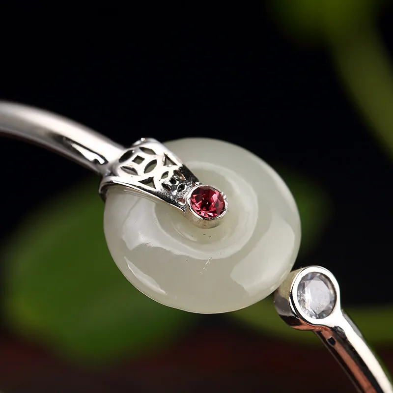 Real 925 Sterling Silver Cuff Bangle With Jade Peace Buckle Natural Gemstone Bracelets &amp Bangles Shifting Lucky And | Украшения и