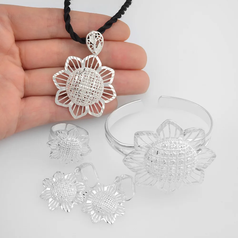 Anniyo Ethiopian set Silver Color Pendant Rope Earrings Ring Bangle Flower Jewelry Wedding African #200106 | Украшения и