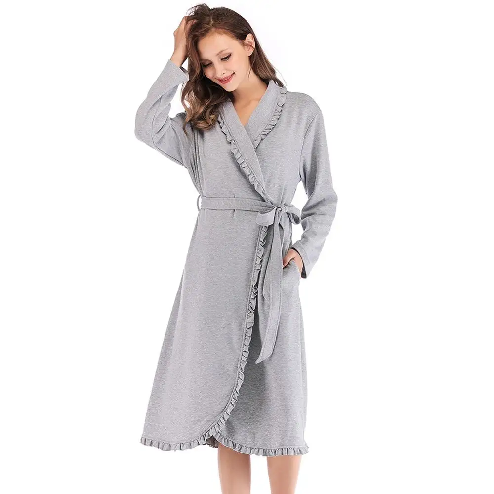 Robe Women-Gray DANALA Хлопковая женская одежда для сна банный халат осенний теплый длинный рукав однотонный Femme кимоно домашняя одежда для женщин спальные халаты - Цвет: Robe Women-Gray