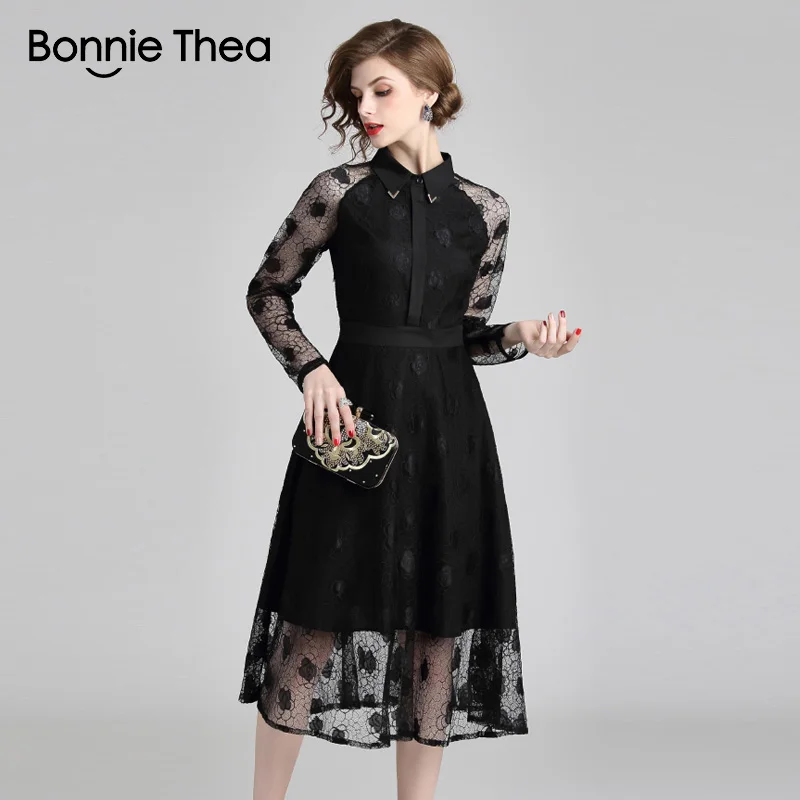 Женское черное кружевное длинное платье Bonnie Thea женское осеннее с длинным рукавом