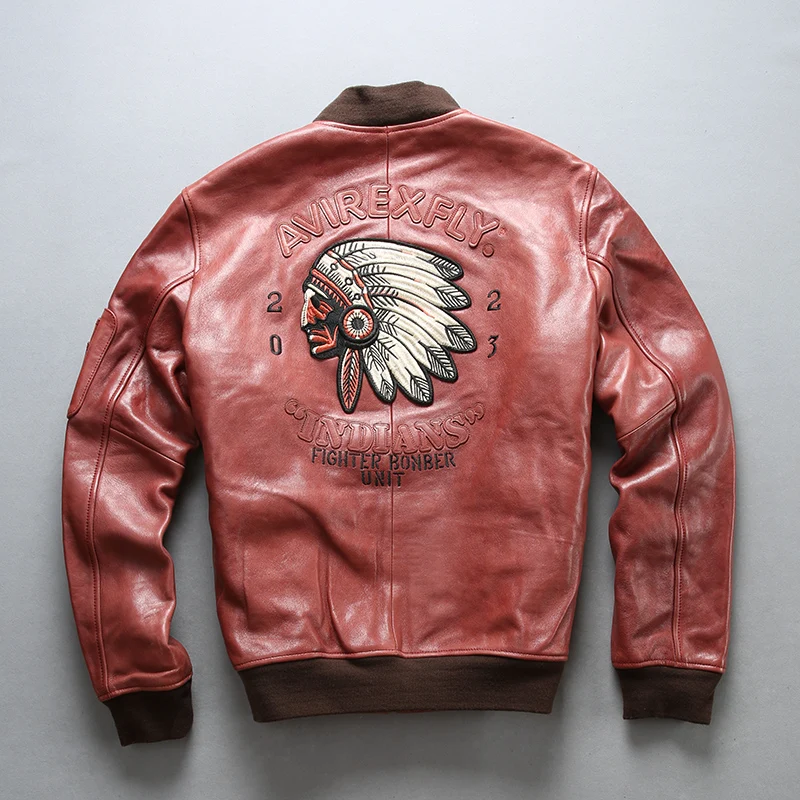 

AVIREXFLY 2018 New Men Indian skull Embroidery Genuine Leather Jacket Fashion Thick Goatskin Air Force Slim Fit A1 Pilot Jackets