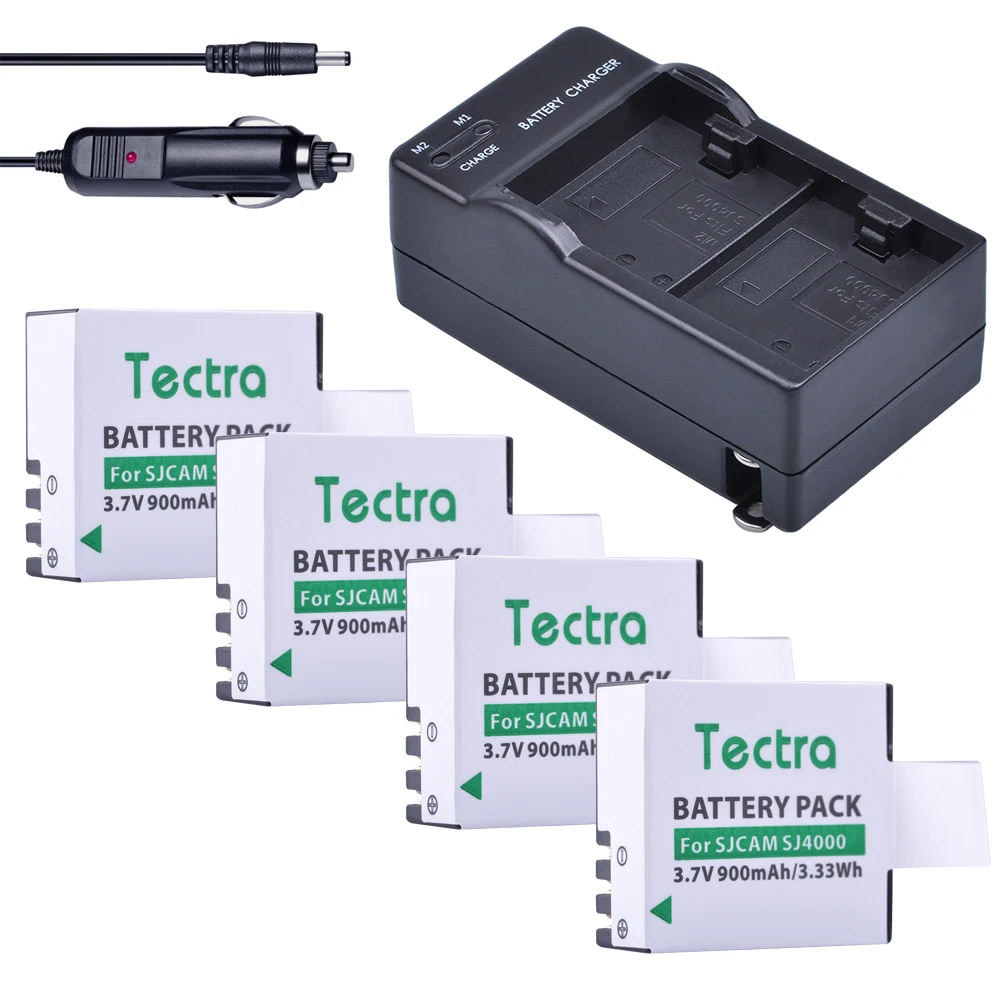 Tectra 4 шт. батарея + двойное зарядное устройство США/ЕС для SJCAM SJ4000 SJ5000 SJ6000 SJ7000 SJ8000