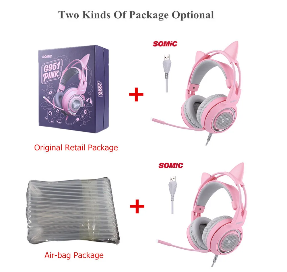 SOMIC G951 USB 7,1 гарнитура объемный звук Игровые наушники бас шлем с кошачьими ушками микрофон Вибрация для ПК ноутбук Розовый Дети Девочка