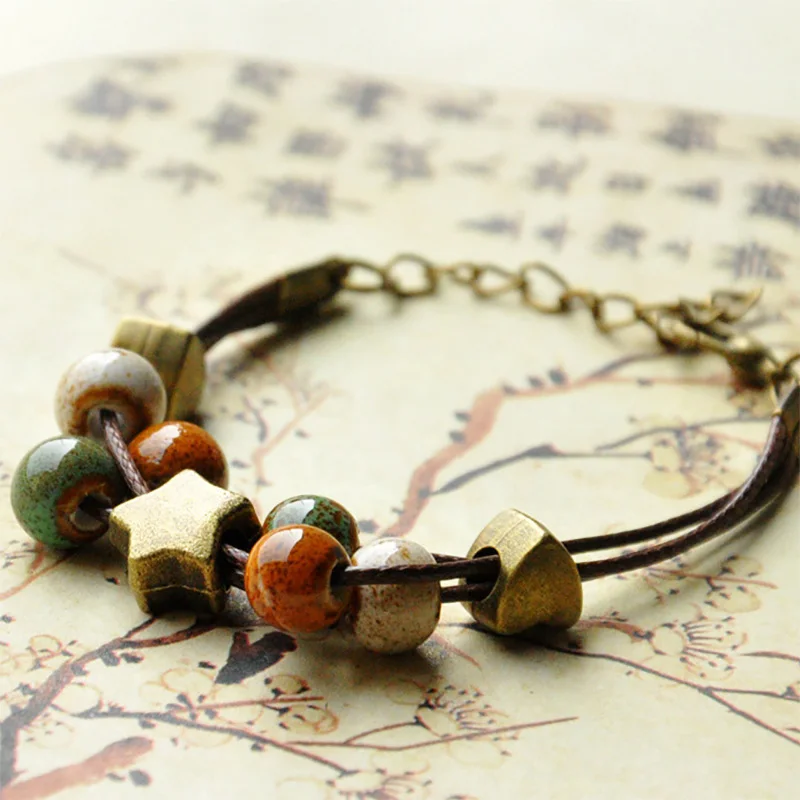 Heart Bracelets Ceramic Beads Multilayer Weave Rope Chain Star Charm Cuff Bangle Women Men Adjustable Wristbands Ethnic Jewelry | Украшения