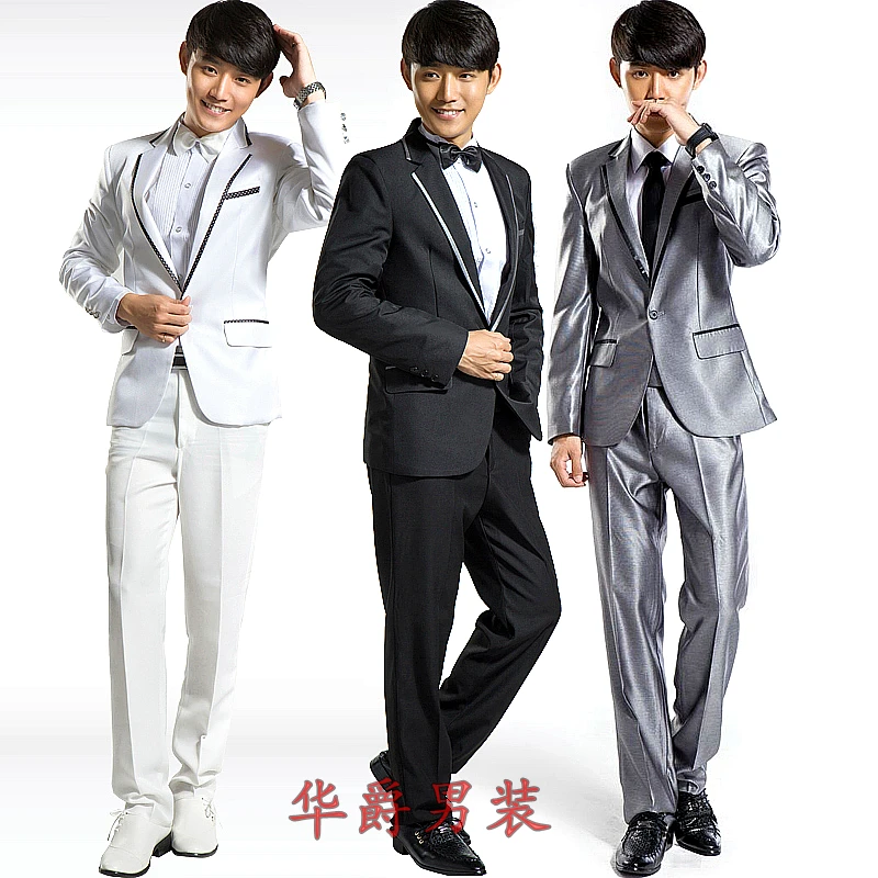 

S-3XL 2017 New fashion Men's clothing groom black and white silver gray male formal dress suits plus size singer costumes