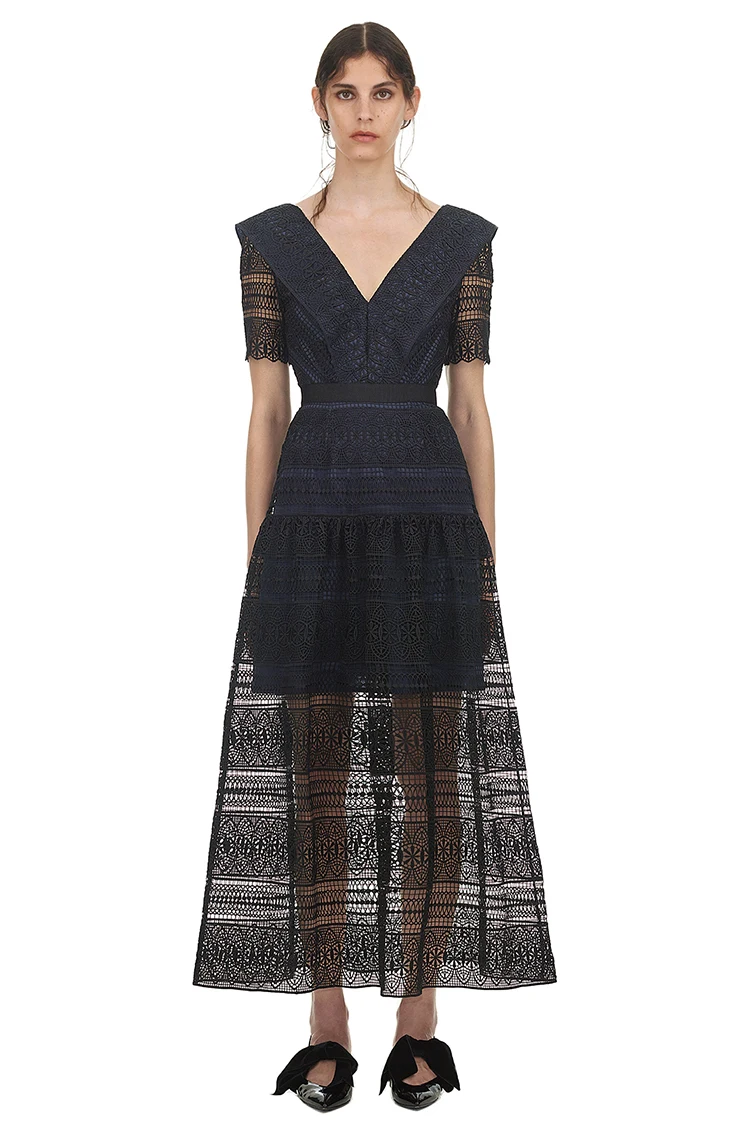 2019 Новое поступление темно синее Кружевное платье миди|Женские платья| |