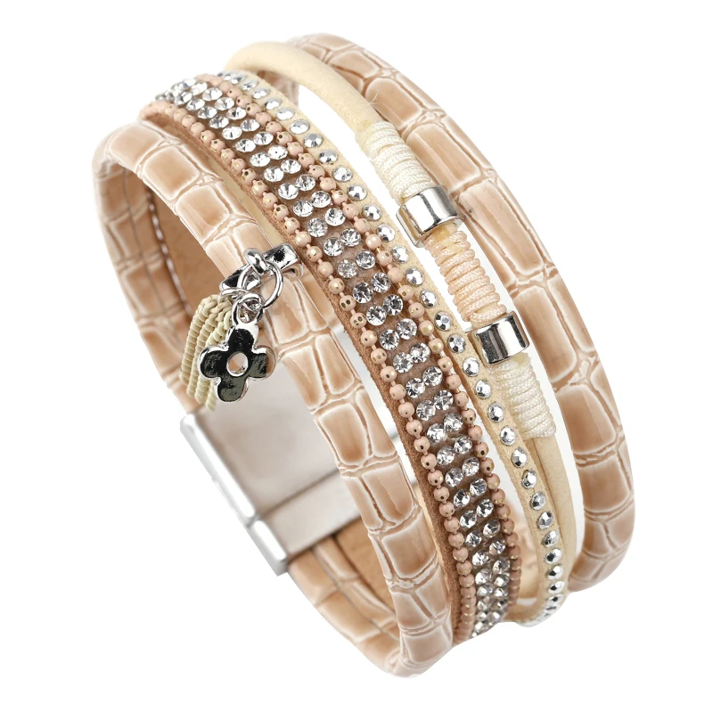 Женский кожаный браслет ALLYES многослойный широкий в богемном стиле с кисточками и