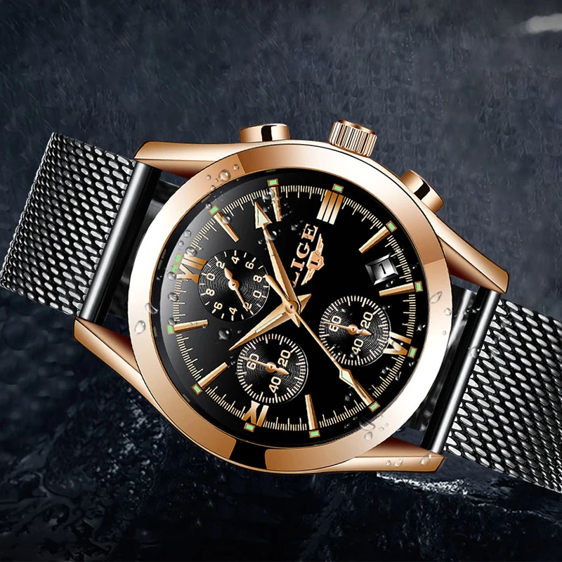 2019LIGE men's watch new luxury brand fashion sports quartz stainless steel mesh strap dial date clock | Наручные часы