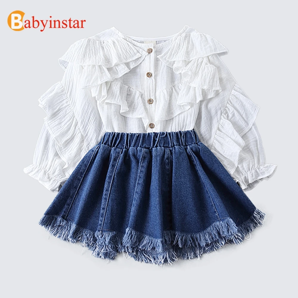 Babyinstar Однотонные блузки с оборками + джинсовая юбка комплекты одежды для девочек