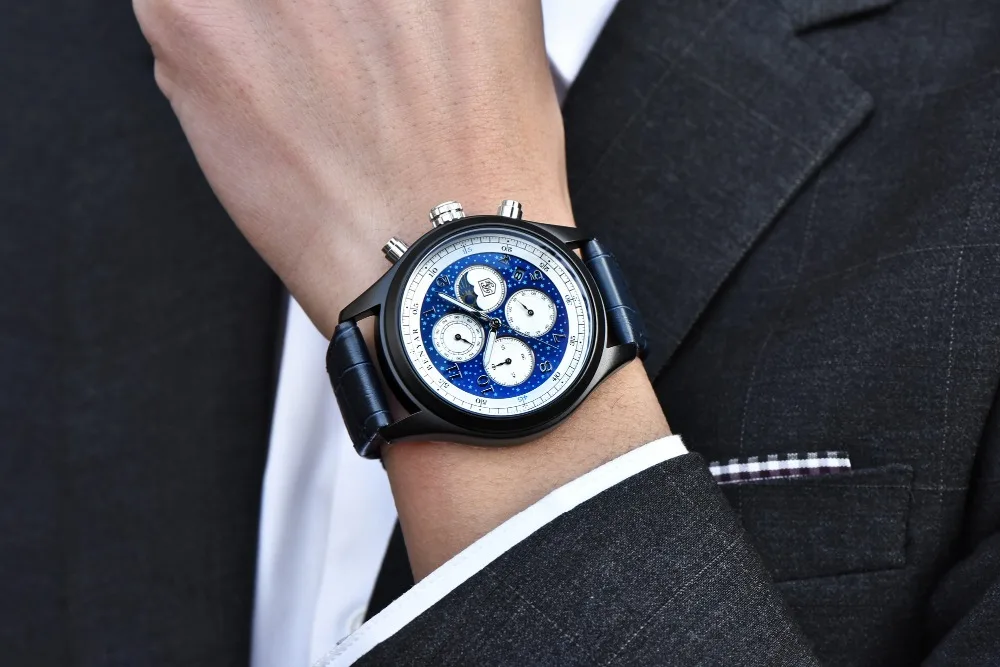 BENYAR Бизнес Мужские часы Moon Phase кожа кварцевые часы с хронографом спортивные военные водонепроницаемые мужские наручные часы