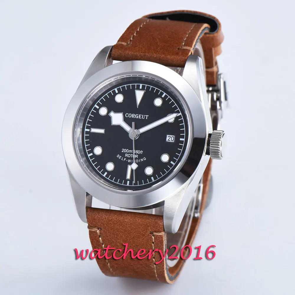 41mm Corgeut Black Dial Luminous Hands Leather Deployment Bucket SS Case Complete Calendar Miyota Automatic Movement Men's Watch |