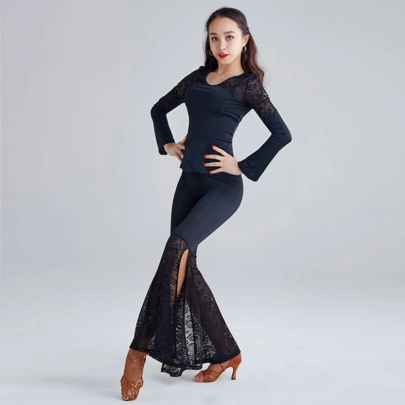 

New Latin Dance Clothes 2pcs Suit Women Black Top+Pant Standard Ballroom Flamengo Tango Cha Cha Black Latin Dance Costume VDB381