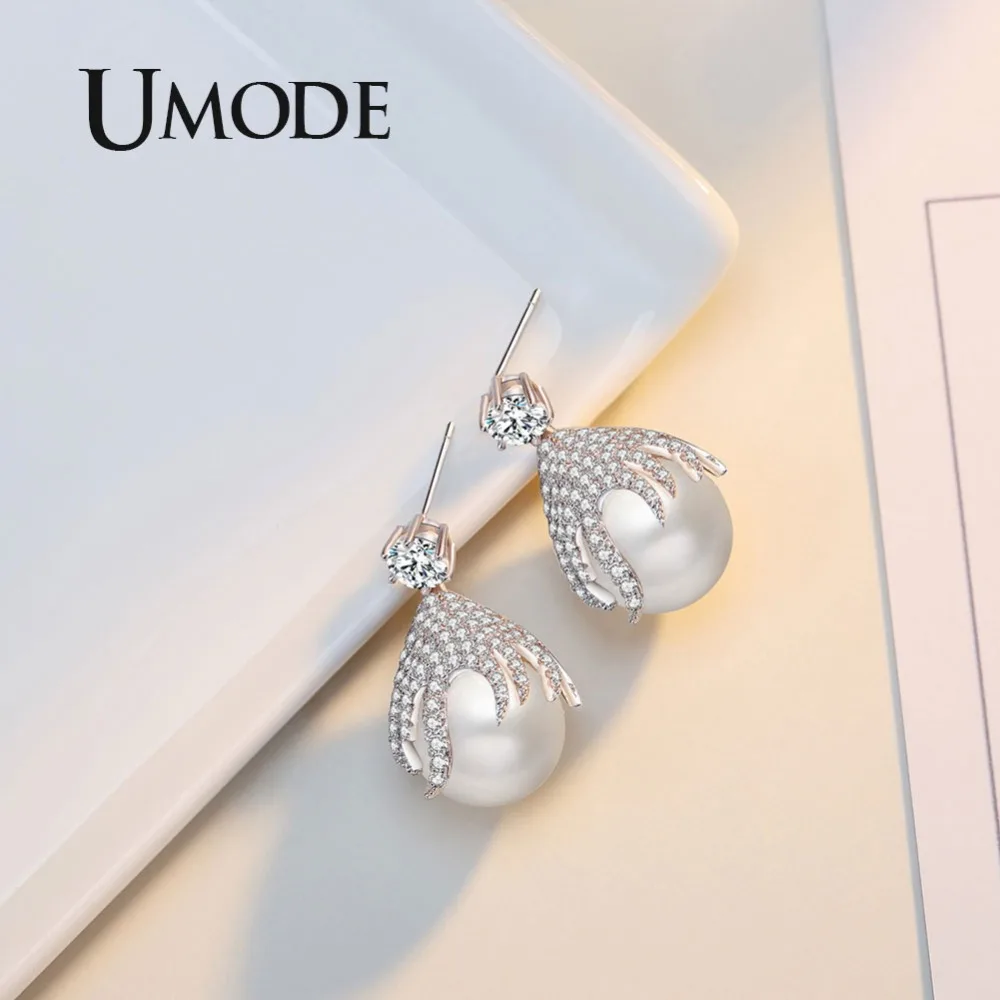 UMODE корейские элегантные Висячие жемчужные белые стразы серьги капли для женщин