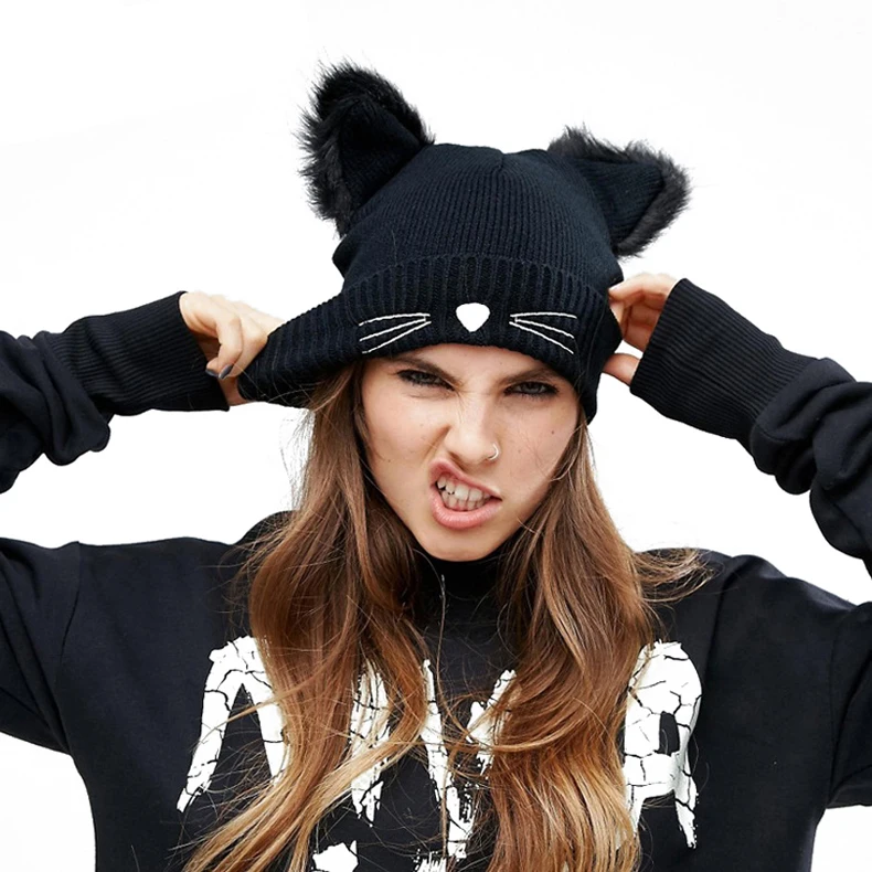 Зимние теплые шапки для женщин кошачьи уши Skullies Hat черные шапки горячее сверление новые шапочки брошь из горного хрусталя для девочек Кепка для улицы голова