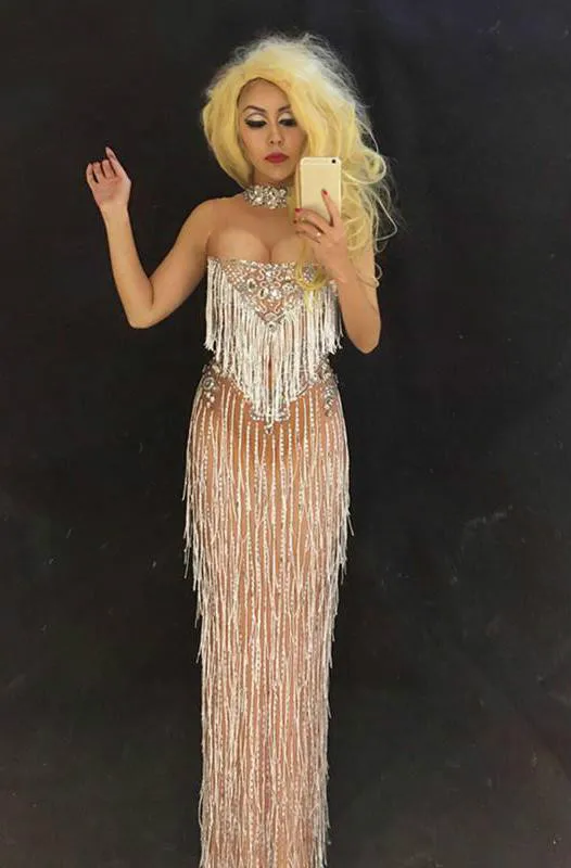 Sparkly Rhinestones Sexy Long Dress White Tassel Women Dresses Nightclub Party Performance Stage Dance Costume DJ DS Outfit | Женская