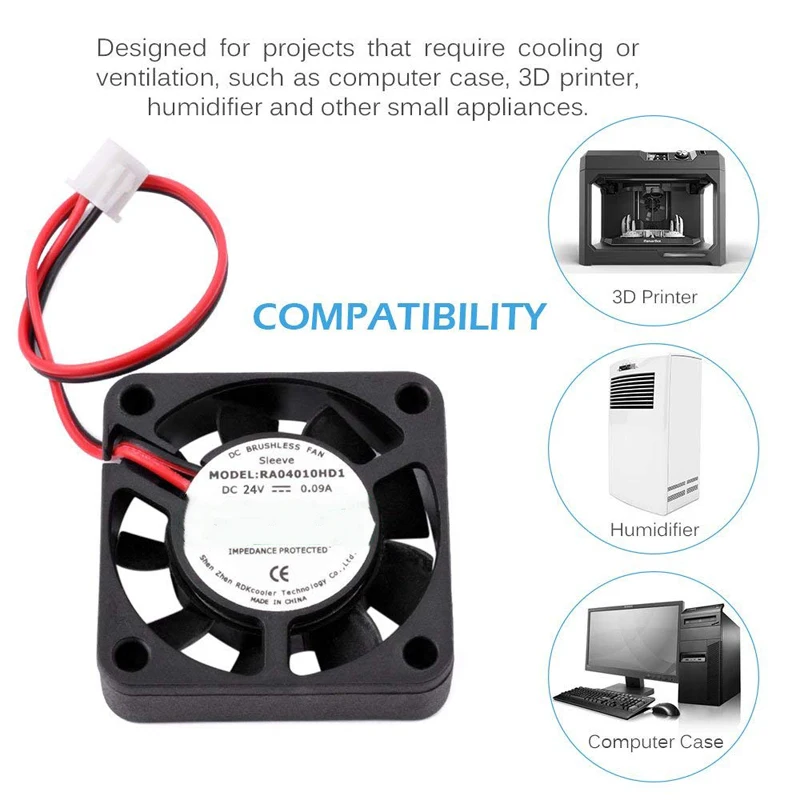 

Вентилятор охлаждения 40x40x10 мм, 4010 вентиляторов постоянного тока, 12 В, 24 В, 2-контактный с проводом Dupont для радиатора охлаждения, для деталей 3D-...