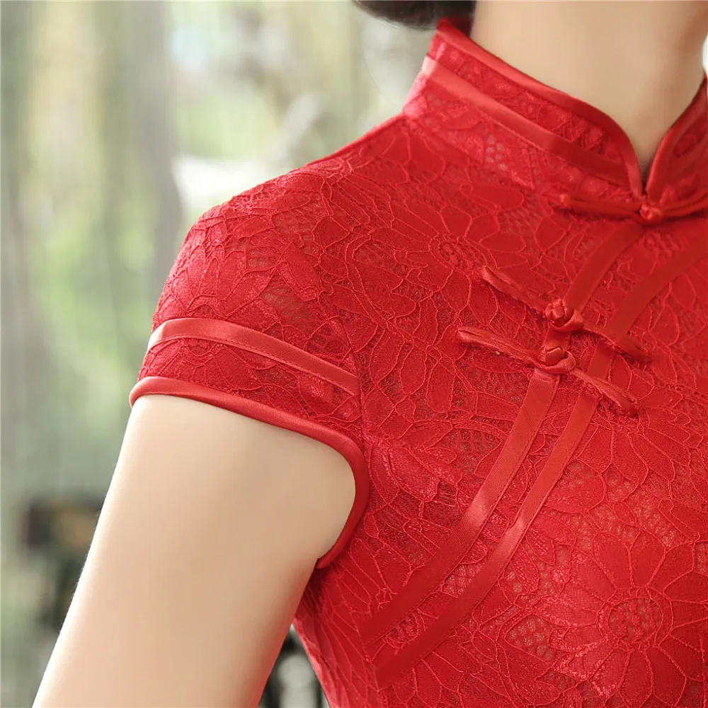Женское длинное платье Ципао Красное Кружевное Чонсам в китайском стиле|long qipao