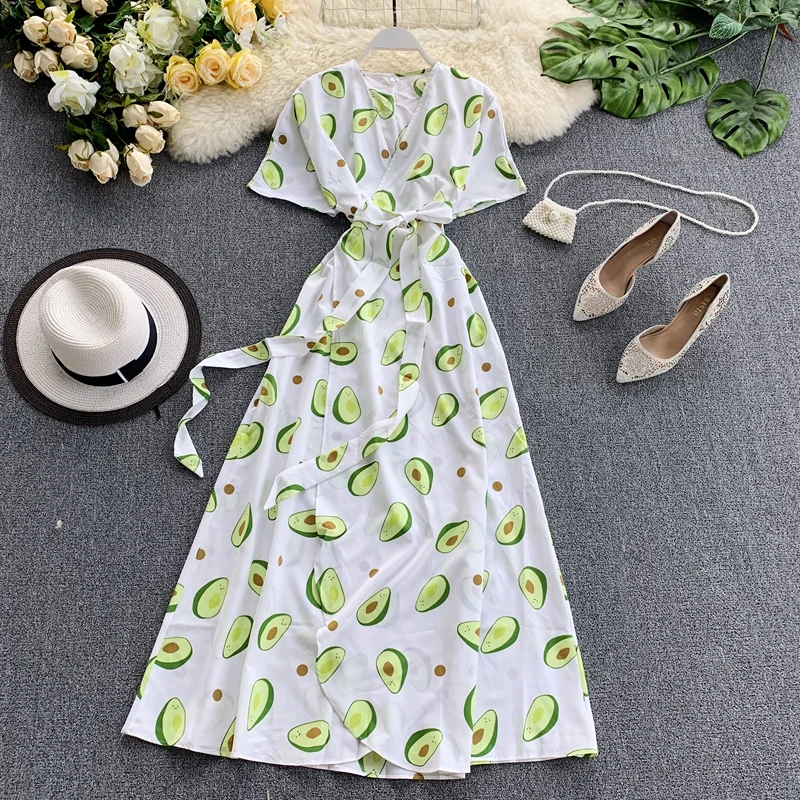 Женское длинное платье vestidos mujer новинка 2019 летнее в горошек с фруктовым принтом
