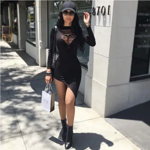 

Women Sexy Hole O-Neck Solid Long Sleeve Slim Shealth Asymmetrical Hem Dresses